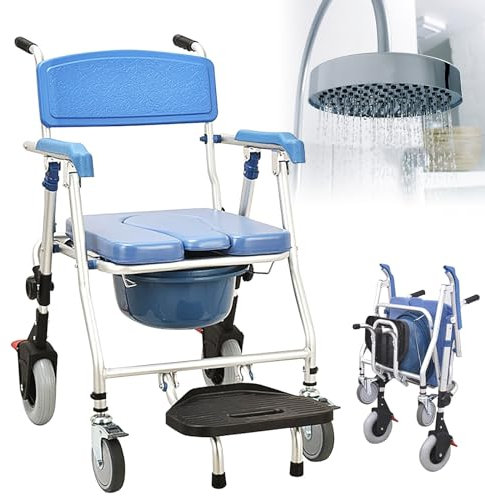 VFDZ Silla Ducha WC con Ruedas 3 en 1 - Silla WC Portátil para Personas Mayores - Silla de Ruedas de Ducha - Silla de Baño Geriatrica - Silla Inodoro Adultos Azul - Capacidad de Carga 150kg