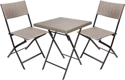 BRUBAKER Set de Balcon Toskana avec Table et 2 Chaises - Imperméable Pliable et Peu Encombrant - Set de Meubles de Balcon en Poly Rotin - Ensemble de Sièges pour Balcon Terrasse Jardin - Gris Brun