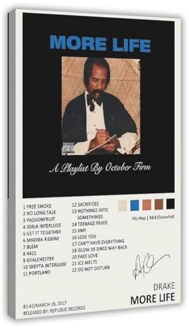 hlacr Dra More Life 2017 - Poster su tela con copertina di album musicali e autografo, decorazione per camera da letto, ufficio, camera da letto, regalo, 20 x 30 cm