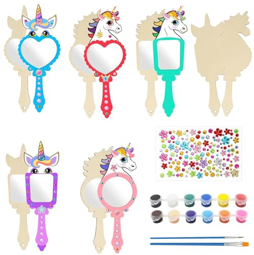 Tashce Einhorn Bastelset für Kinder, DIY Holz Spiegel Basteln mit 12x Einhörnern zum Bemalen, Kinderspiegel, Einhorn Mitgebsel für Kindergeburtstag, Party oder Schule
