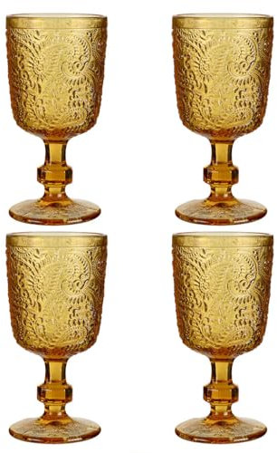 Wine Glasses Set of 4 Multicolour Drinking Glasses with Vintage Style Paisley Embossed Finish 300ml Dishwasher Safe Alfresco Dining Table Glassware (Amber)