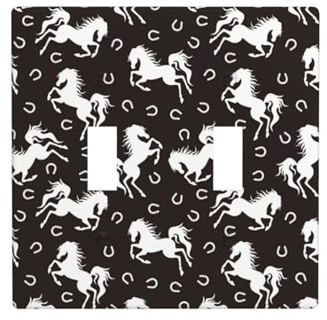 Placca di copertura per interruttore della luce a levetta, 2 piastre da parete di dimensioni standard 11,4 x 11,4 cm, cavallo moderno nero bianco doppio interruttore della luce piastra di copertura