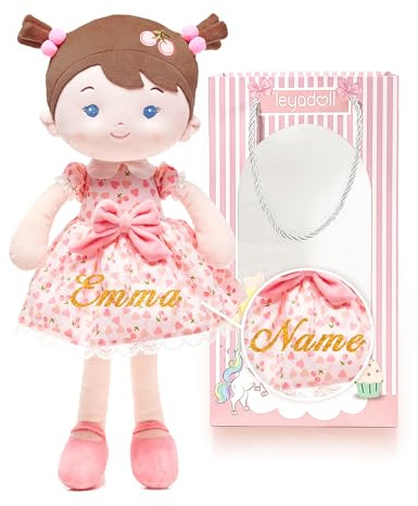 LeyaDoll Poupée en tissu doux personnalisé (40 cm) - Poupée en peluche lavable, ma première poupée bébé pour fille de 1 an, cadeau d'anniversaire et de baptême, cadeau pour bébé - Fille cerise