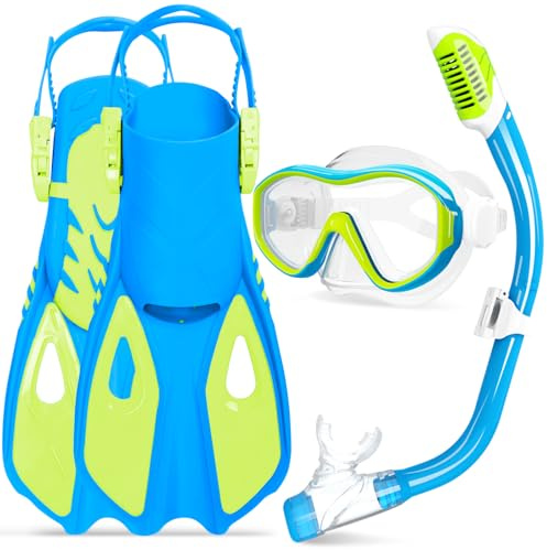 Maskenflossen Schnorchelset für Kinder Alter 5-15, Schnorchelausrüstung für Jungen Mädchen Jugend Jugend Schnorchelmaske Gehärtetes Glas Schnorchelmaske mit Flossen zum Schwimmen u