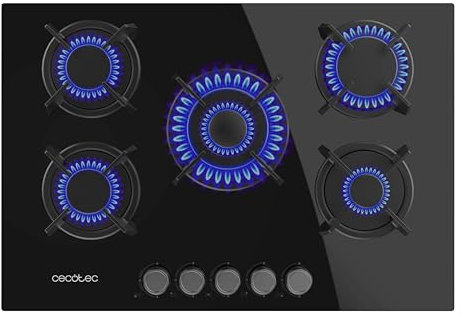 Cecotec Placa de Gas Butano y Natural 5 Fuegos Bolero Squad G 5200S Glass Black, 11000W, Cristal Negro, Parrillas Individuales Hierro Fundido, WOK Triple Corona, Encendido Eléctrico, Sistema Seguridad