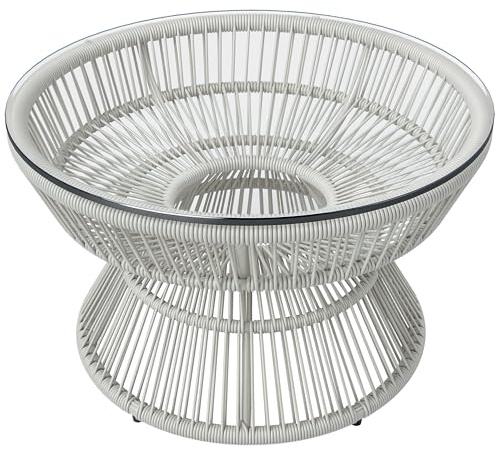 Outsunny Table Basse de Jardin Ronde Ø60 x 37H cm Gris Clair | Table d'Appoint Extérieur en Résine Aspect Rotin, Plateau Verre Trempé