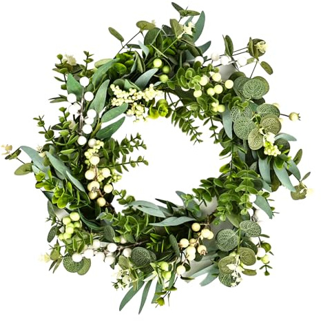 Rzspher Corona de eucalipto, 46 cm, corona de puerta de primavera, color verde, decoración de eucalipto, para paredes, ventanas, porche, granja, terraza, decoración de fiestas