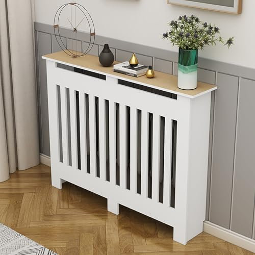 Modern White Radiator Cover Cabinet, Stylish Wooden Heater Cover, Vertical Slatted Design, Decorative Radiator Covers for Living Room, Home Decor Accent, Modern Home Accessories