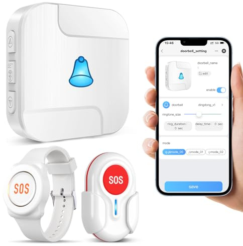 DAYTECH WiFi-Notrufknopf für Senioren mit Tuya App, Hausnotruf-Set | Hausnotruf mit Empfänger, Notrufarmband und Ruftaste; sendet Rufmeldungen über die Tuya App direkt aufs Handy