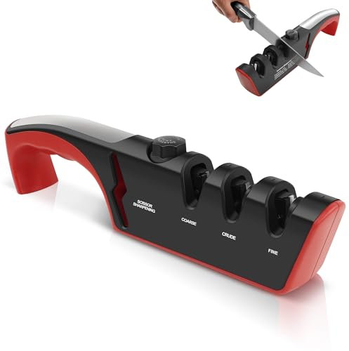 Afilador de Cuchillos 4 en 1, Chaira Afilar Cuchillos Multifuncional Manual Base Antideslizante Afilar Cuchillos y Tijeras Cocina y Exteriores Cuchillos de Cocina