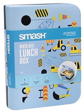Smash Kids Bento Bite Lunch Box – Digger| 6 Compartment Bento-Style Lunch Box with Ice Brick & Leak-Proof Snack Pot | Removable Tray & Durable Outer Case, Blue