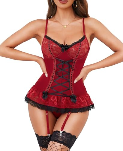 RSLOVE Sexy Lingerie Sets for Women - Lace Corset Set 2-Piece Outfits Bodysuit with Panties and Garter Belt Wine Red XXL