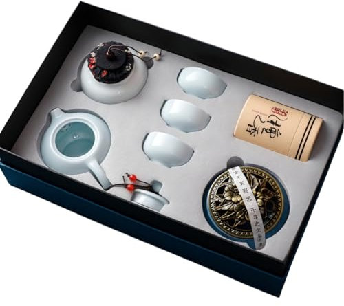 HUMOCHUSON Coffret Cadeau De 7 Pièces De Service À Thé Kung Fu Portable En Céramique De Style Ancien Chinois - Cyan