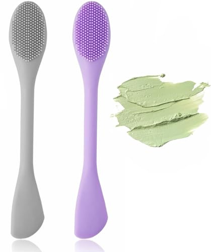 Lot de 2 Silicone Visage Brosse Masque, Brosses Nettoyantes pour Pores Brosses Double Taille 2 en 1 Brosse Nettoyante Visage, Pinceau Masque Double Embout, Pinceau Nettoyant (Violet+Gris)