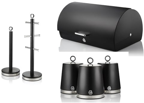 Swan Serenity Bread Bin, Tea, Coffee, Sugar Canisters, Mug Tree & Towel Pole in Black with Polished Stainless Steel Accents. Beautiful Design Kitchen Storage Set of 6 with a Sleek Black Finish