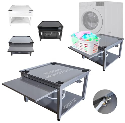 Washer and Dryer Pedestal - Ergonomic 61cm-45.7cm Stand with Drain Pan & Pull Out Shelf - Gray Steel Alloy Holds 360 kg - Reduces Back Pains - Easy Setup - Laundry Pedestal for Washer Dryer