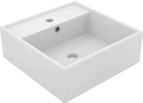 Vasque à Débordement with Céramique, Design Carré, Vasque à Poser Salle de Bain, Lavabo Salle de Bain, Meuble Vasque Salle de Bain, Blanc Mat, 41 x 41 x 15 cm
