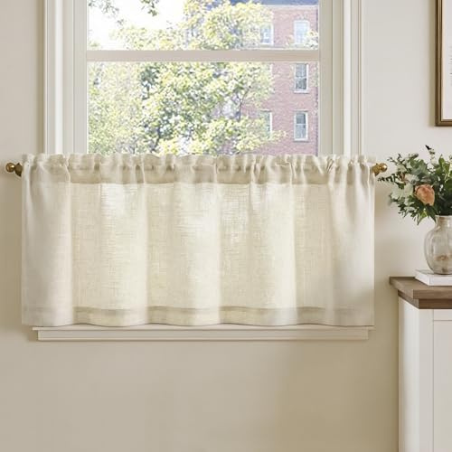 TOPICK Uppsättning av 1 stycken H 40 x 125 cm, fönstergardiner linneutseende bistrogardin för vardagsrum, kök, små fönster, ljusgenomsläppliga köksgardiner, korta gardiner, modernt lantställe, dragsko