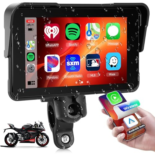Carplay Wireless Schermo per Moto 5 Pollici Touchscreen Autoradio Portatile per Moto, IP68 Impermeabile Android Auto Bluetooth Smontaggio Rapido Rilevamento Della Pressione Degli Pneumatici 12V