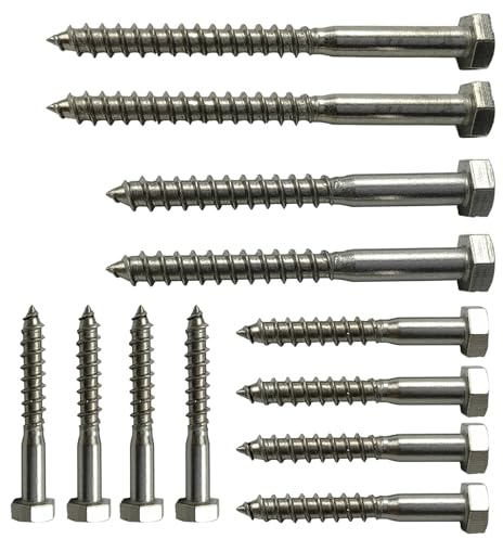 YYMT 12 Stück M8 Sechskant Holzschrauben Set, Edelstahl Schlossschrauben | Schlüsselschrauben (4x50/4x60/2x80/2x100mm), Holzschrauben mit Sechskantkopf für Holz- & Metallbau, Terrassen, Möbel, DIN 571