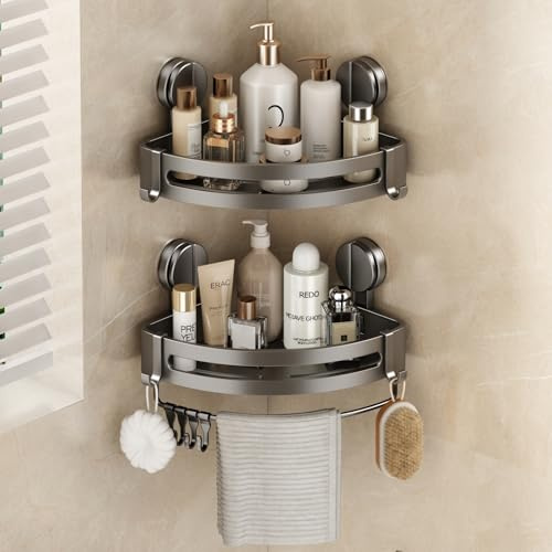 Mustorn Duschablage Ohne Bohren, Duschregal Ecke Saugnapf Badezimmer Regal Wand Duschkorb mit Handtuchhalter & Abnehmbare Haken Eckregal Bad Ablage Dusche Regal Duschkorb Ohne Bohren(2 Stück, Grau)