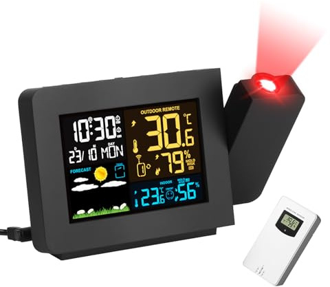 Projection Alarm Clock with Weather Station, Atomic Alarm Clocks for Bedrooms, Radio Control Clock with WWVB Function Dual Alarms Snooze Outdoor Wireless Temperature Humidity Sensor