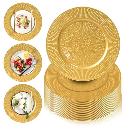PROY 50 Pcs Gold Charger Plates Bulk, 13 Inch Beaded Chargers for Dinner Plates Plastic Reusable Round Charger Platters for Table Setting, Wedding, Party, Event