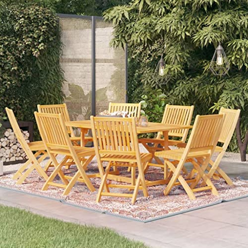 QJBSAVVA 9-TLG. Gartenmöbel Set Massiv Teakholz Esstisch 180 x 90 cm mit 8 Klappstühlen Sonnenschirmloch Wetterfest Ergonomische Rückenlehne für Garten Terrasse Balkon