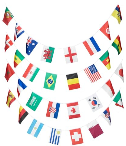 DIYEAH Guirnalda Decorativa de Banderas Internacionales de 32 Países Poliéster Pancarta Deportiva para Eventos y Decoración de Bares Bandera de Cuerda para Fiestas y Ambiente Festivo