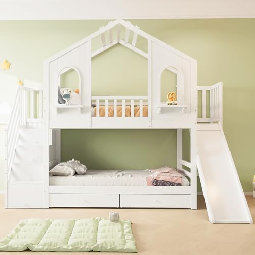 Merax Kinder Etagenbett 90 x 200 cm, Hausbett mit Rutsche und Aufbewahrungsleiter, Doppelstockbett mit Schubladen und Regalen, Hausförmig mit Fenstern, Weiß (Ohne Matratze)