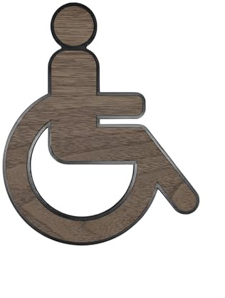 WC Schild Barrierefrei – Toilettenschild Rollstuhl aus Kunststoff mit Holz-Dekor – Modernes Behinderten WC Symbol – Türschild für barrierefreie Toilette & Bad (Nussbaumholz)