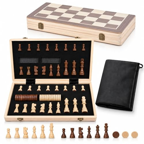 CUVE ACE – Ajedrez Magnetico y Damas 2 en 1 – Ajedrez Madera Profesional Plegable con Piezas Magnéticas – Juego de Damas Educativo y de Entretenimiento para Niños y Adultos