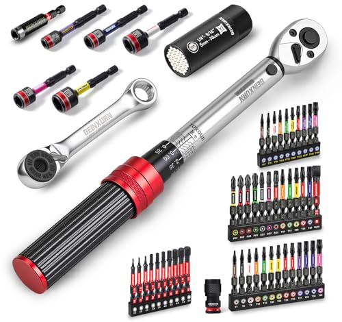 GEINXURN Click Ratchet Wrenches Set 56PCS Reversible Ratchet Head Torque Wrench 1/4 in. Drive Universal Socket Bicycle Torque Wrench
