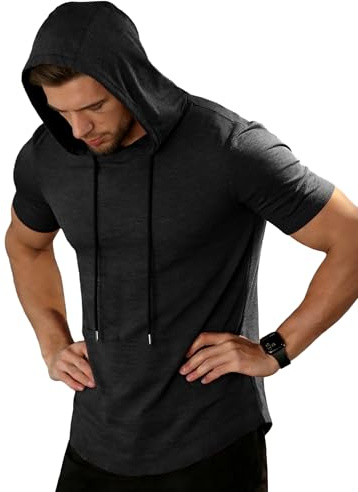 ZITY Tshirt mit Kapuze Herren Shirt Kurz Leichtes Sommer Gym Trainingsshirt mit Känguru-Tasche für Laufen,Boxen und Wandern Schwarz L