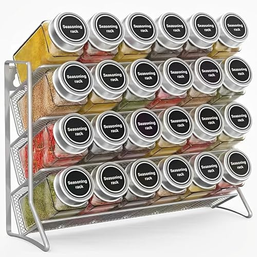 4 Tier Spice Rack for Inside Cupboard, Free Standing Metal Seasoning Rack, Large Vertical Spice Jars Organiser for Kitchen Countertop Pantry (Silver)