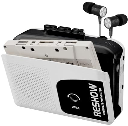 Reshow Portable Cassette Player with Built-in Speaker and Headphone Jack, USB C Cassette to MP3 Converter, Reverse Recording to tape, Cassette Recorder with AM FM, Full Stereo Sound-White