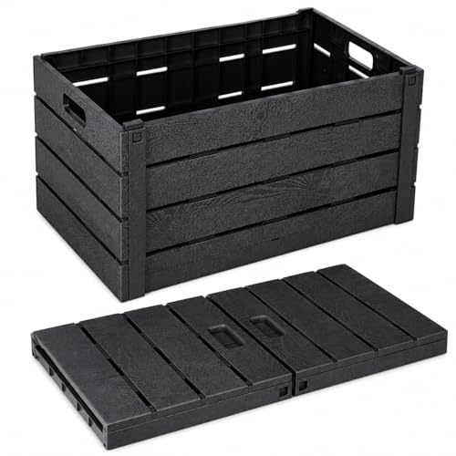 1ABOVE 60L Rustic Wood Effect Folding Storage Crate– Heavy Duty Collapsible Plastic Storage Boxes with Carry Handles, Foldable Organiser for Toys, Groceries, Shelves, Home, Office & Car Boot (1)