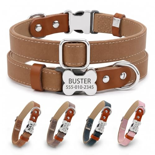 Individuelles weiches PU-Hundehalsband mit gravierbar Name & Telefonnummer | Robuste Knochenform-Schnalle aus Metall, strapazierfähiges PU-Material, verstellbar für kleine, mittlere & große Hunde