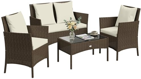 Outsunny Conjunto de Jardín Exterior de Ratán, Conjunto de Terraza con Cojines Lavables, Muebles Jardín Exterior 4 Piezas Incluye Sofá de 2 Plazas, 2 Sillas, Mesa de Centro de Vidrio Templado, Marrón