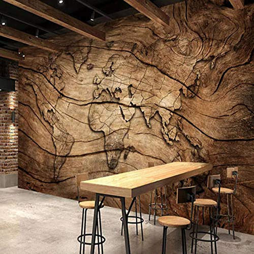 WZJam Murale Papier Peint Rétro Bois Grain Carte du Monde Photo Restaurant Café Fond Mur Peinture Home Decor @ 350 * 250 Cm