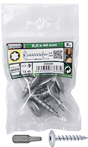 Connex Lot de 8 Vis pour Poteau 8,0 x 40 mm - Entraînement TX - Filetage Complet - Pour Fixation de Raccords et Connecteurs - Avec Embout de Connecteur / B30260