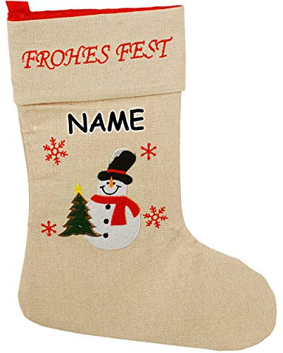 alles-meine.de GmbH XL - Weihnachtssocke & Weihnachtsstrumpf - inkl. Name - Frohes Fest - Schneemann - 38 cm - rot - zum Aufhängen - Nikolausstiefel - Nikolausstrumpf/Weihnacht..