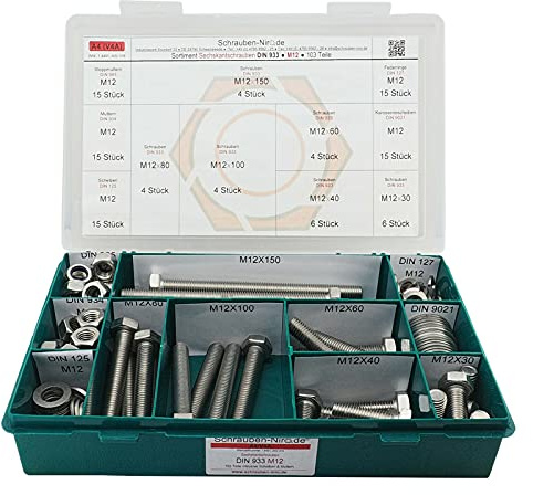 Sortiment M12 DIN 933 Edelstahl A4 (V4A) Sechskantschrauben mit Gewinde bis Kopf - Set bestehend aus Schrauben, Unterlegscheiben (DIN 125, 127, 9021) und Muttern (DIN 934, 985) - 103 Teile