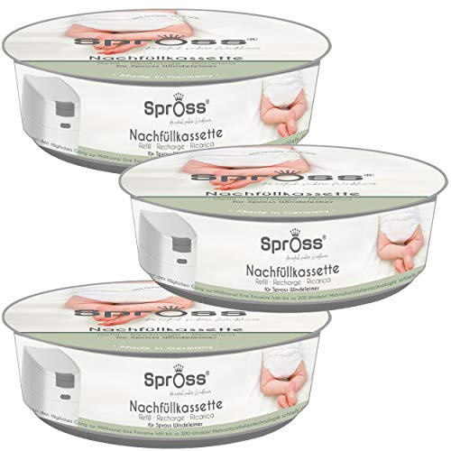 Spross Original Nachfüllkassetten - 3er Pack - Für Spross Windeleimer | Hygienische & geruchlose Windel Entsorgung - Spezialfolie mit Geruchsbarriere ohne Einzeldrehen - Weniger Folienverbrauch