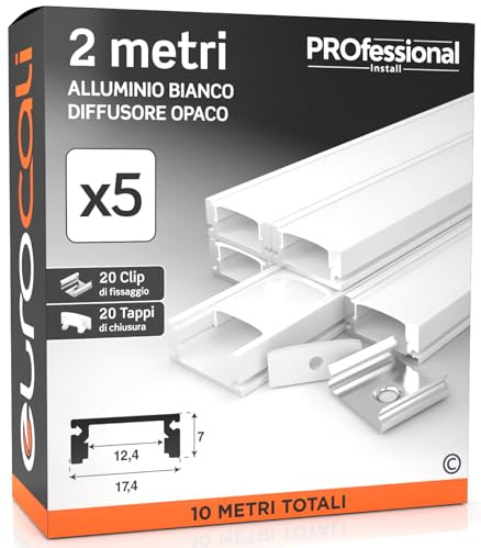 Eurocali 5x Profili da 2 metri (10mt) in Alluminio Bianco per Strisce LED | Schermatura Opaca ingombro max striscia led 12.4mm - 17.4 x 7