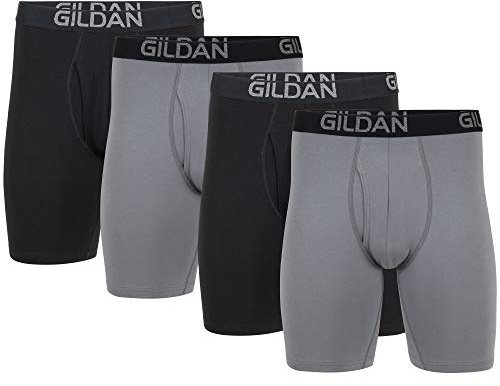 Gildan herr bomull stretch långa ben boxershorts (förpackning med 4), Grå flanell/svart sot (4-pack), XL