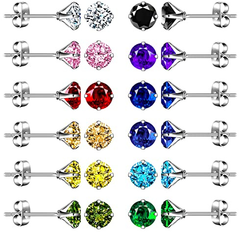MicVivien 12 Paires Boucle d’Oreille Zirconium 4MM 6MM 8MM - 12 Couleurs Clou d'oreille Rondes en Acier Inoxydable - Piercing d' Oreille Femme et Fille