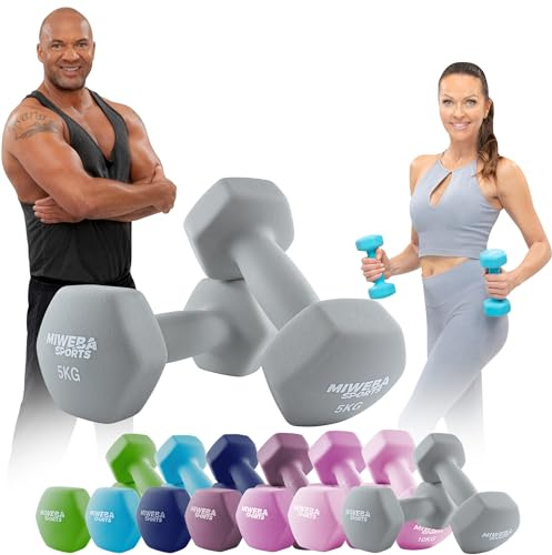 Miweba Sports Neopren Hantelset NKH100 | 𝐏𝐫𝐨𝐟𝐢 Hantel - Hexagon Hanteln Set - Kurzhanteln - Kurzhantel Set - Gymnastikhanteln - Hantel Set - Dumbbell - 0,5-10 Kg (2X 5.0 kg, Grau)