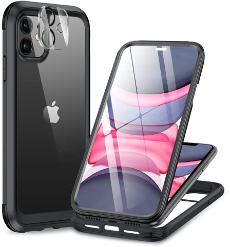 Miracase Glass for iPhone 11 Case 6.1, Full Body Protection, Black | [Built-in Glass Screen Protector + Camera Lens Protector] Military Grade Drop Proof Shockproof Clear Back Phone Case Cover