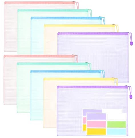 Heyu-Lotus Dokumententasche A4, 10 Stücke Dokumentenmappe mit Wasserfester Aufkleber, Mesh Kunststoff Zipper Beutel für Papier, Dokumente, Datei, Kosmetika, Hausaufgaben (Farbe 2)
